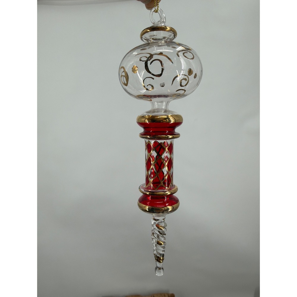 Vintage Hand Blown Glass Finial Christmas Ornament Red Gold Scroll 7.5 Inch
